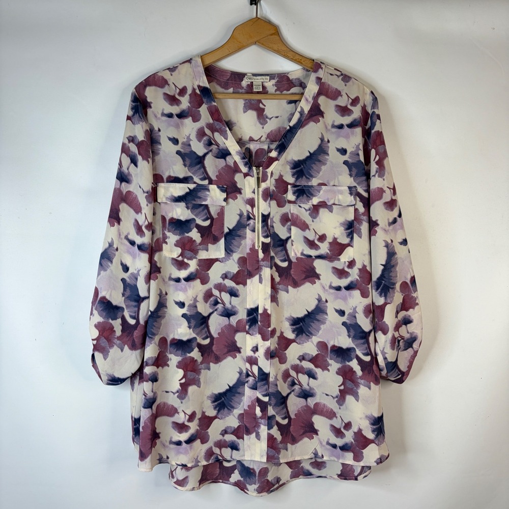 Cato Blouse Womens 22/24W Purple Floral Half Zip Roll Tab Sleeve Top